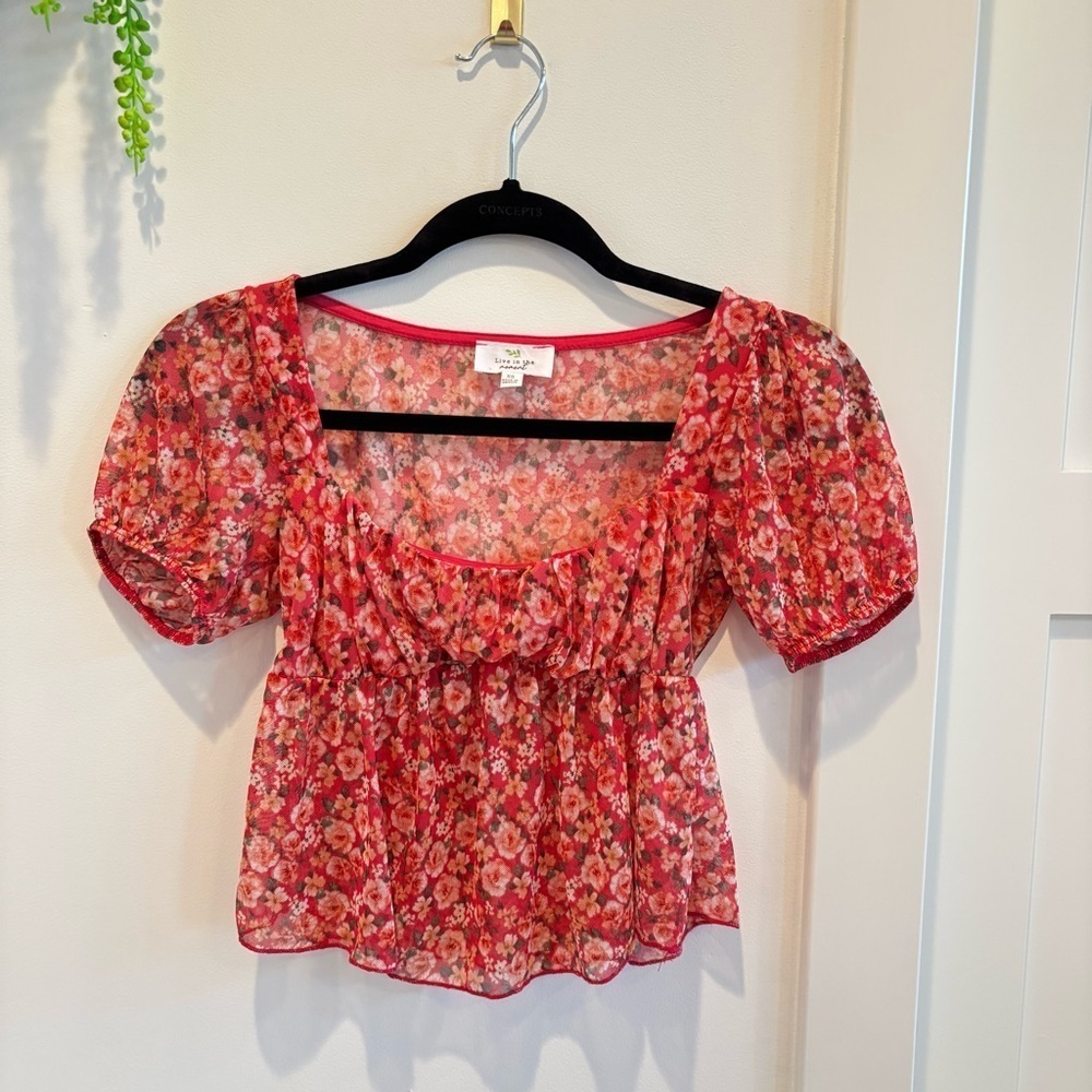 Live In The Moment Micro Mesh Baby Doll Fairy Top Pink Floral Size XS Women's